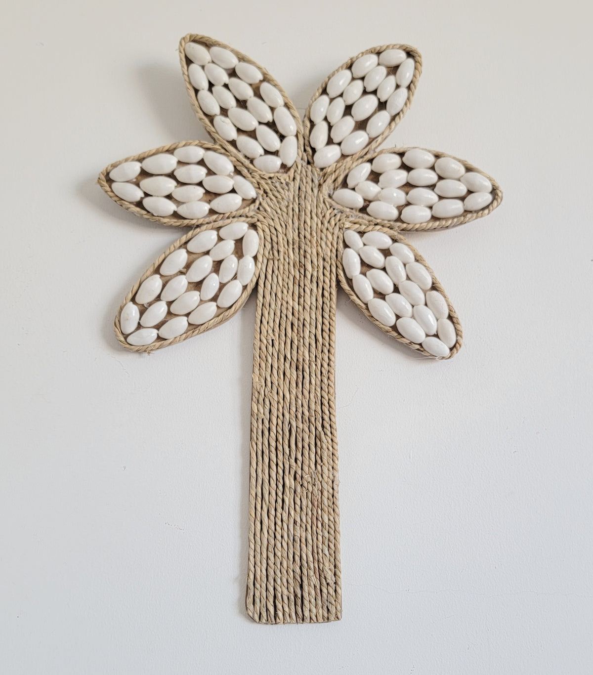 free shipping Seashell Palm Tree Wall Art - Handcrafted Coastal Boho Decor | Woven Raffia Accent Unique Handcrafted Seashell Palm Wall Hanging | Coastal Boho Tropical Art