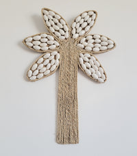 free shipping Seashell Palm Tree Wall Art - Handcrafted Coastal Boho Decor | Woven Raffia Accent Unique Handcrafted Seashell Palm Wall Hanging | Coastal Boho Tropical Art