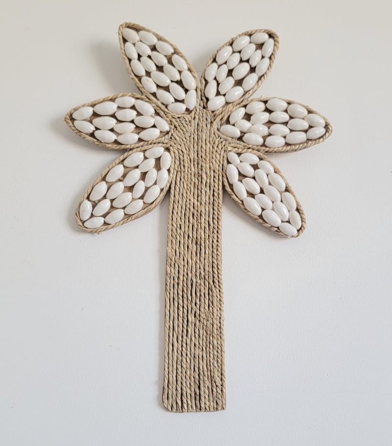 free shipping Seashell Palm Tree Wall Art - Handcrafted Coastal Boho Decor | Woven Raffia Accent Unique Handcrafted Seashell Palm Wall Hanging | Coastal Boho Tropical Art
