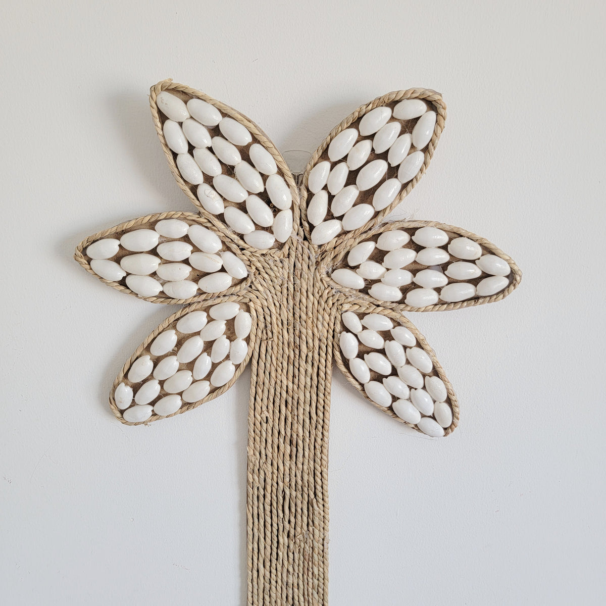 free shipping Seashell Palm Tree Wall Art - Handcrafted Coastal Boho Decor | Woven Raffia Accent Unique Handcrafted Seashell Palm Wall Hanging | Coastal Boho Tropical Art