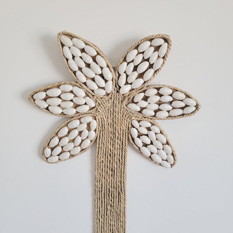 free shipping Seashell Palm Tree Wall Art - Handcrafted Coastal Boho Decor | Woven Raffia Accent Unique Handcrafted Seashell Palm Wall Hanging | Coastal Boho Tropical Art