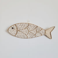 Seashell Fish Wall Art - Handcrafted Coastal Boho Decor | Woven Raffia Accent Unique Handcrafted Seashell Fish Wall Hanging | Coastal Boho Nautical Art
