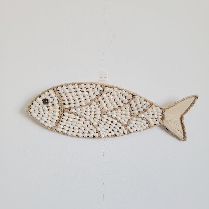 Seashell Fish Wall Art - Handcrafted Coastal Boho Decor | Woven Raffia Accent Unique Handcrafted Seashell Fish Wall Hanging | Coastal Boho Nautical Art