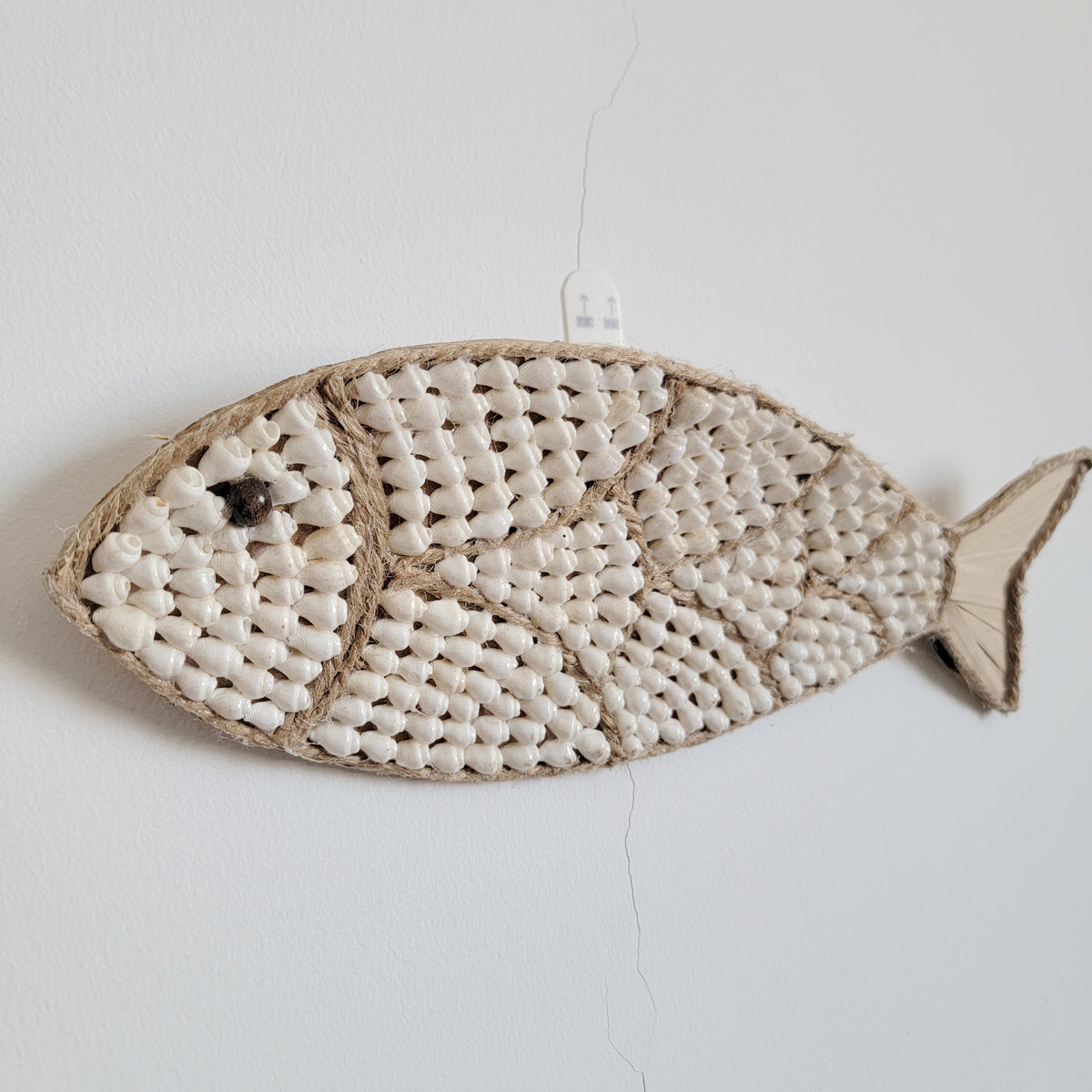 Seashell Fish Wall Art - Handcrafted Coastal Boho Decor | Woven Raffia Accent Unique Handcrafted Seashell Fish Wall Hanging | Coastal Boho Nautical Art