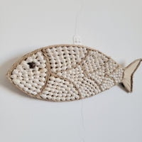 Seashell Fish Wall Art - Handcrafted Coastal Boho Decor | Woven Raffia Accent Unique Handcrafted Seashell Fish Wall Hanging | Coastal Boho Nautical Art
