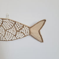 Seashell Fish Wall Art - Handcrafted Coastal Boho Decor | Woven Raffia Accent Unique Handcrafted Seashell Fish Wall Hanging | Coastal Boho Nautical Art