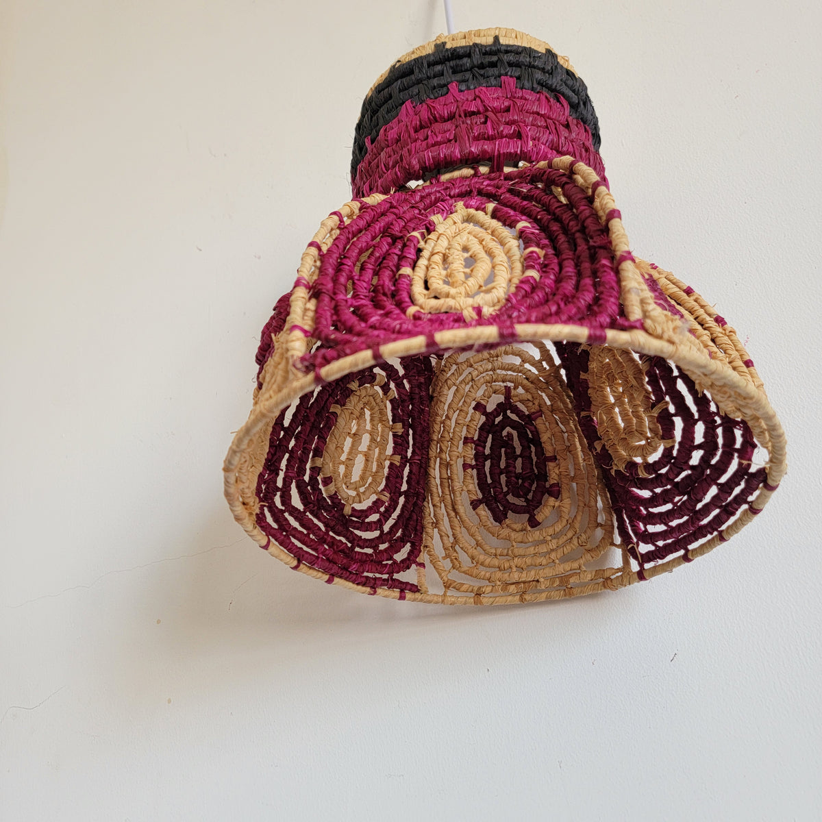 Handwoven Dyed Raffia Lamp Shade  Artisanal Boho-Chic Lighting Statement Piece Colourful raffia craft lampshades