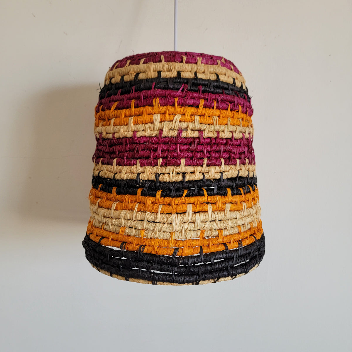Handwoven Dyed Raffia Lamp Shade  Artisanal Boho-Chic Lighting Statement Piece Colourful raffia craft lampshades