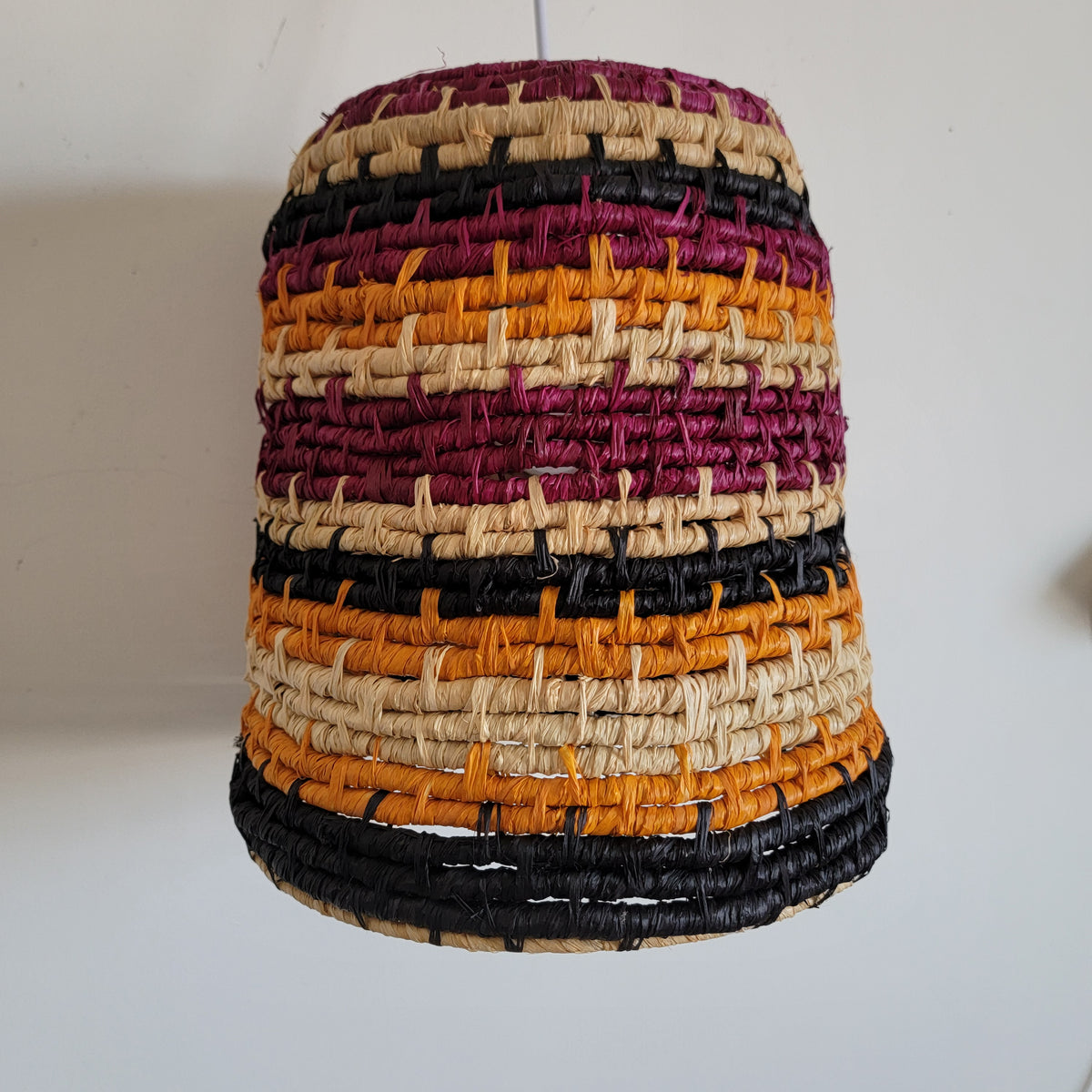 Handwoven Dyed Raffia Lamp Shade  Artisanal Boho-Chic Lighting Statement Piece Colourful raffia craft lampshades