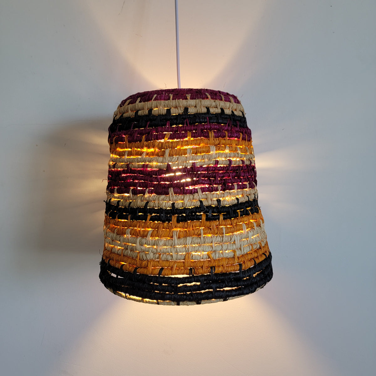 Handwoven Dyed Raffia Lamp Shade  Artisanal Boho-Chic Lighting Statement Piece Colourful raffia craft lampshades