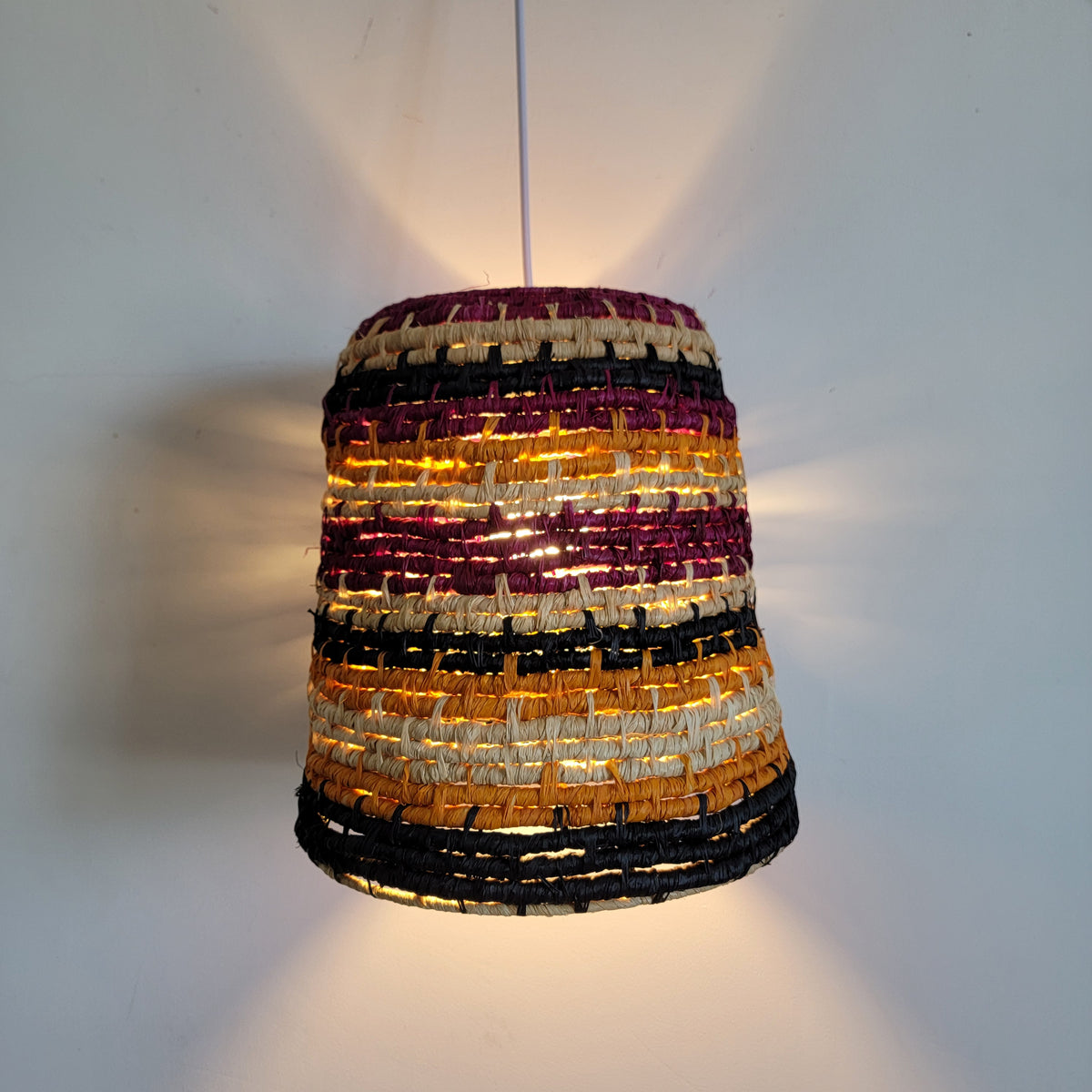 Handwoven Dyed Raffia Lamp Shade  Artisanal Boho-Chic Lighting Statement Piece Colourful raffia craft lampshades
