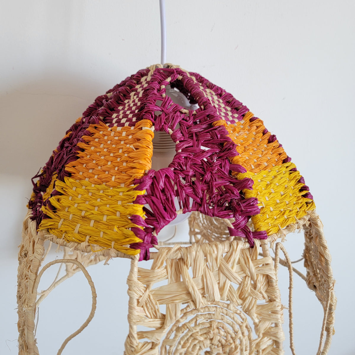 Handwoven Raffia Lamp Shade Artisanal Boho Chic Lighting Statement Piece Colourful raffia craft lampshades