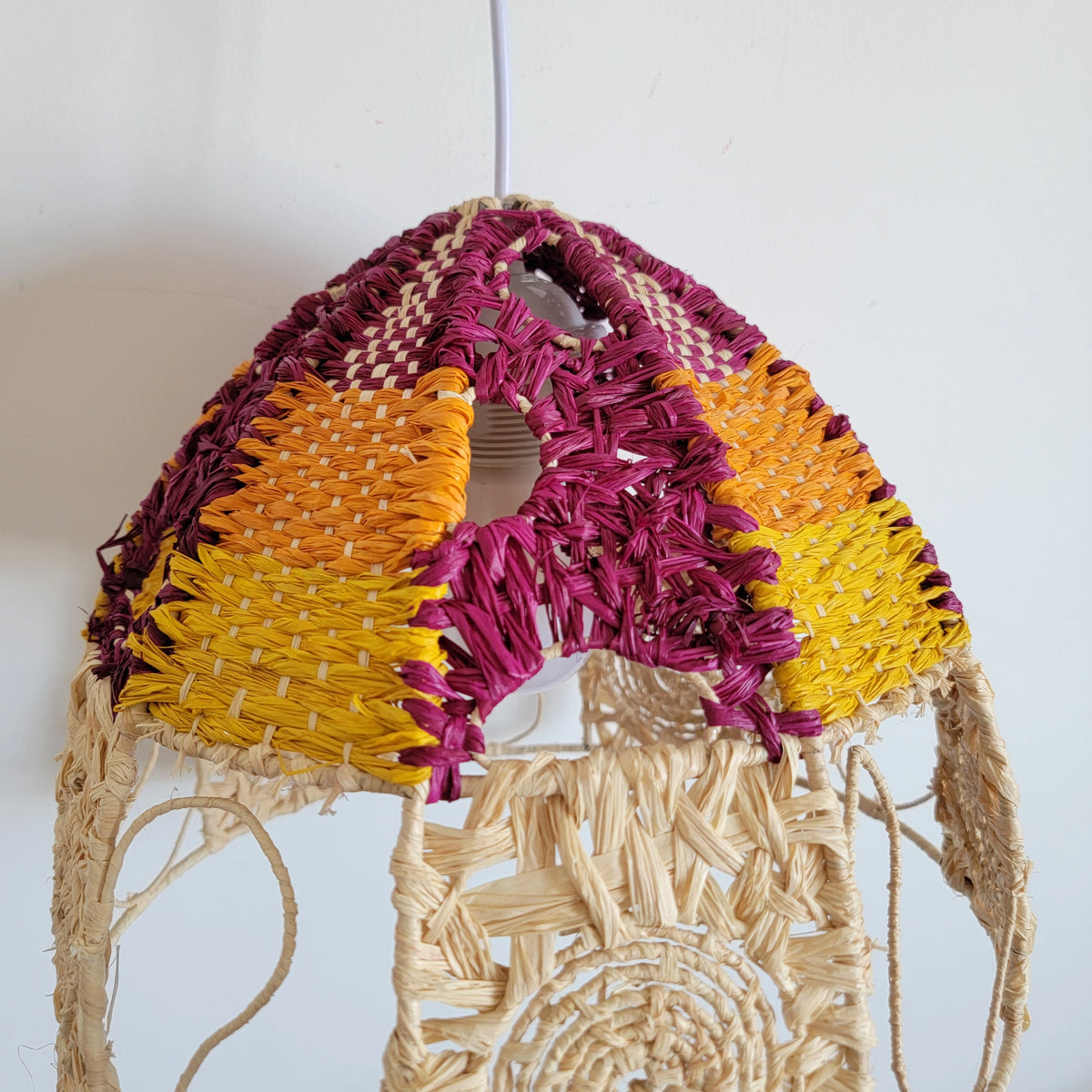 Handwoven Raffia Lamp Shade Artisanal Boho Chic Lighting Statement Piece Colourful raffia craft lampshades