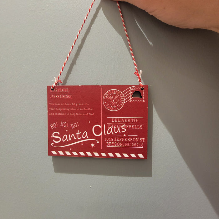 Santa letter ornament, vintage Christmas decor, personalized holiday keepsake, festive postcard ornament, Christmas tree charm, family holiday memory, retro holiday decor