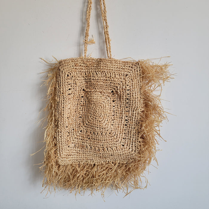 Fringed Raffia Tote Bag | Handwoven Boho Beach Shoulder Bag
