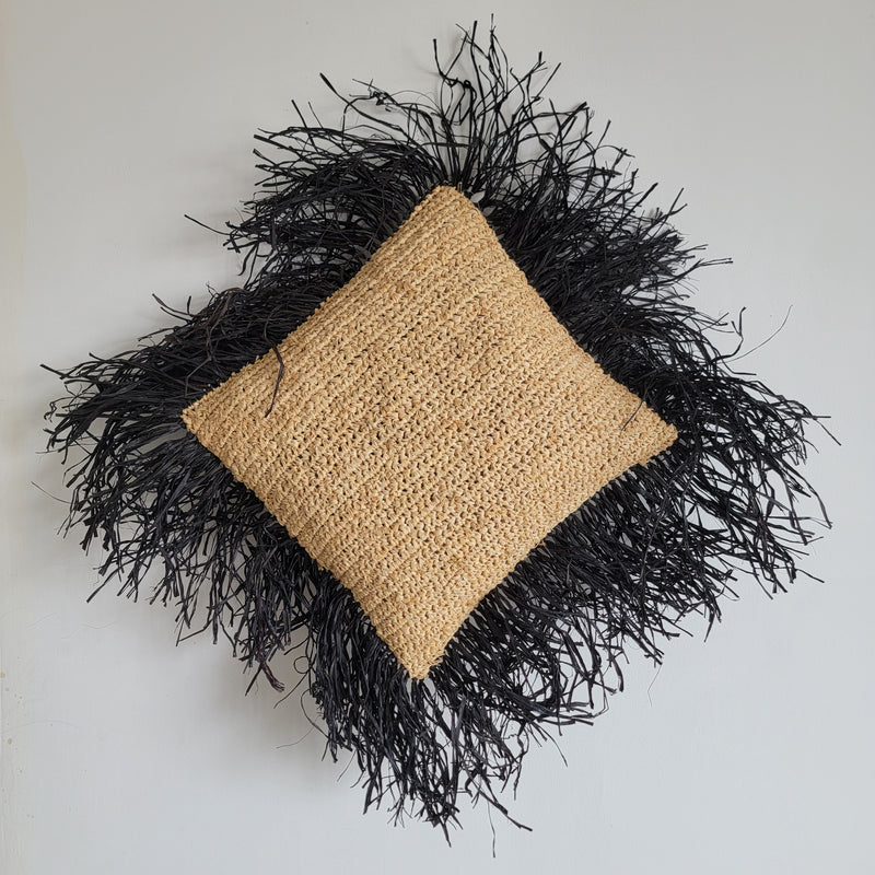 Raffia Pillow with Black Fringe Bohemian Textured Home Decor Black Fringed Raffia Square Pillow Natural Boho Accent  Handcrafted Raffia Pillow with Bold Black Fringe Eclectic Interior Piece
