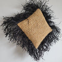 Raffia Pillow with Black Fringe Bohemian Textured Home Decor Black Fringed Raffia Square Pillow Natural Boho Accent  Handcrafted Raffia Pillow with Bold Black Fringe Eclectic Interior Piece