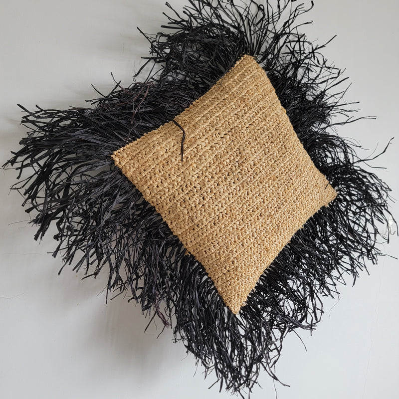 Raffia Pillow with Black Fringe Bohemian Textured Home Decor Black Fringed Raffia Square Pillow Natural Boho Accent  Handcrafted Raffia Pillow with Bold Black Fringe Eclectic Interior Piece