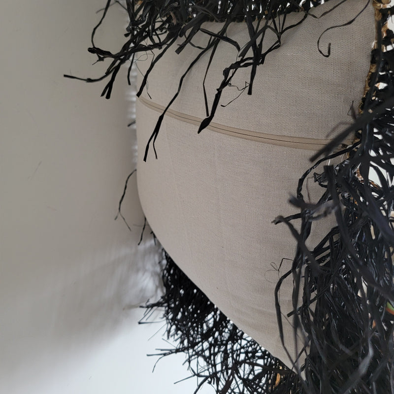 Raffia Pillow with Black Fringe Bohemian Textured Home Decor Black Fringed Raffia Square Pillow Natural Boho Accent  Handcrafted Raffia Pillow with Bold Black Fringe Eclectic Interior Piece