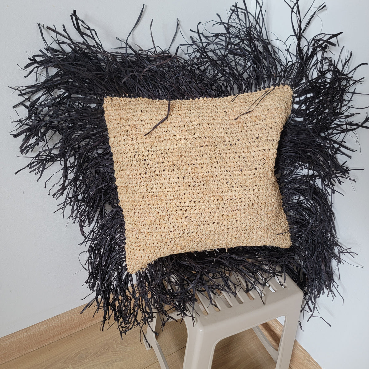Raffia Pillow with Black Fringe Bohemian Textured Home Decor Black Fringed Raffia Square Pillow Natural Boho Accent  Handcrafted Raffia Pillow with Bold Black Fringe Eclectic Interior Piece