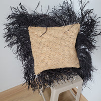 Raffia Pillow with Black Fringe Bohemian Textured Home Decor Black Fringed Raffia Square Pillow Natural Boho Accent  Handcrafted Raffia Pillow with Bold Black Fringe Eclectic Interior Piece