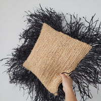 Raffia Pillow with Black Fringe Bohemian Textured Home Decor Black Fringed Raffia Square Pillow Natural Boho Accent  Handcrafted Raffia Pillow with Bold Black Fringe Eclectic Interior Piece