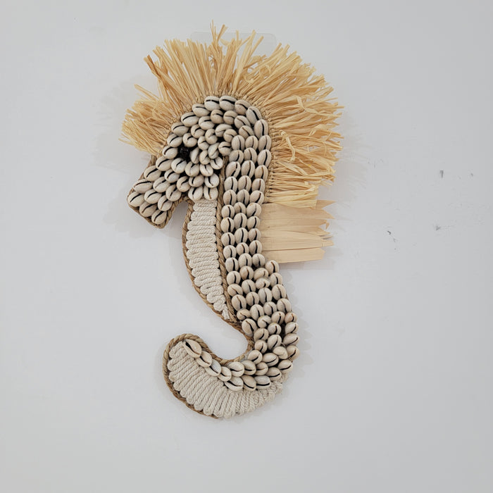 Seashell & Raffia Seahorse Wall Decor - Boho Coastal Home Hanging Art with Natural Materials