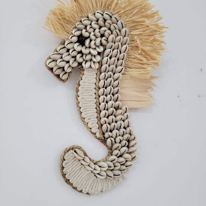 Seashell & Raffia Seahorse Wall Decor - Boho Coastal Home Hanging Art with Natural Materials