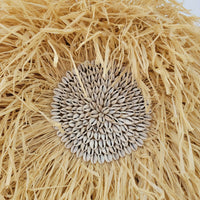 Seashell & Raffia juju hat Wall Decor - Boho with central sunflower seed cluster and straw fibers.