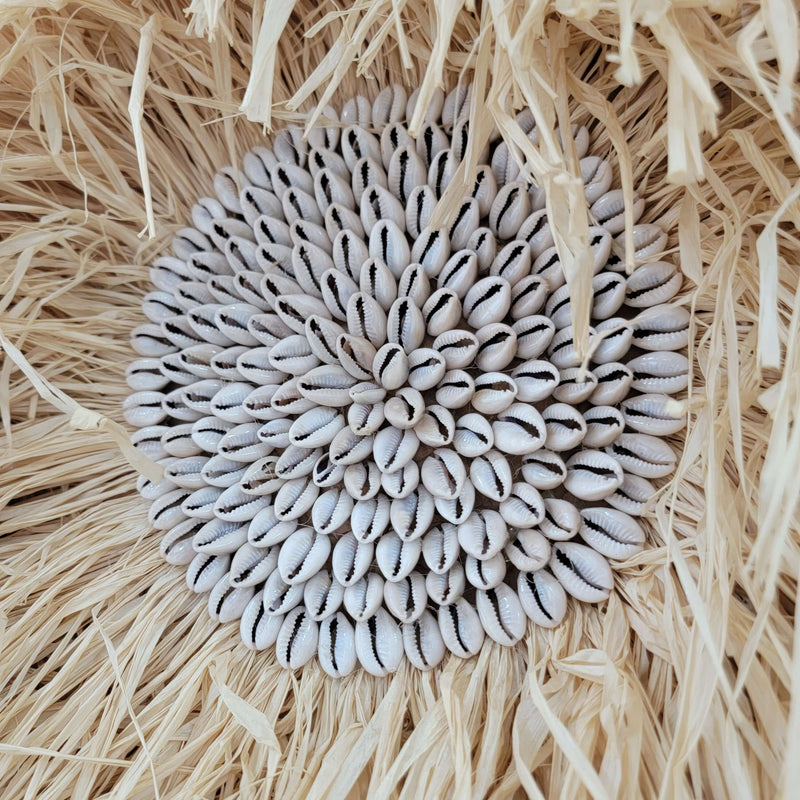 Seashell & Raffia juju hat Wall Decor - Boho close-up showcasing sunflower seed cluster and natural straw fibers.