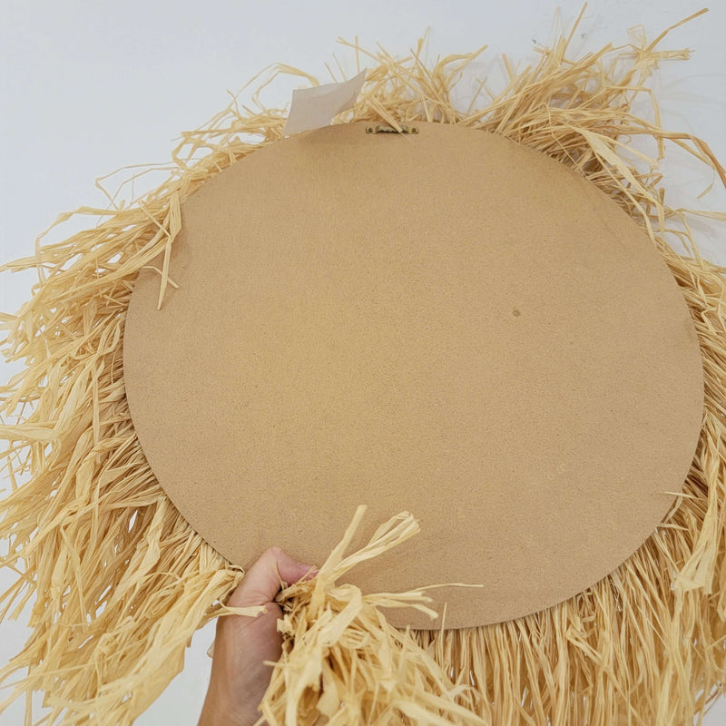 Back view of Seashell & Raffia juju hat Wall Decor - Boho, showcasing straw texture and circular design.
