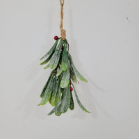Artificial Christmas mistletoe hanging decoration with red berries and hemp rope.