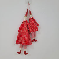 Handmade Whimsical Cloth Doll - Red Polka Dot Dress with Striped Pants, Pointed Hat Hanging Decor for Home & Festive Accents