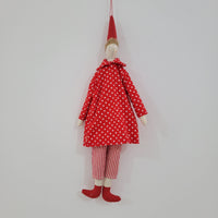 Handmade Whimsical Cloth Doll - Red Polka Dot Dress with Striped Pants, Pointed Hat Hanging Decor for Home & Festive Accents