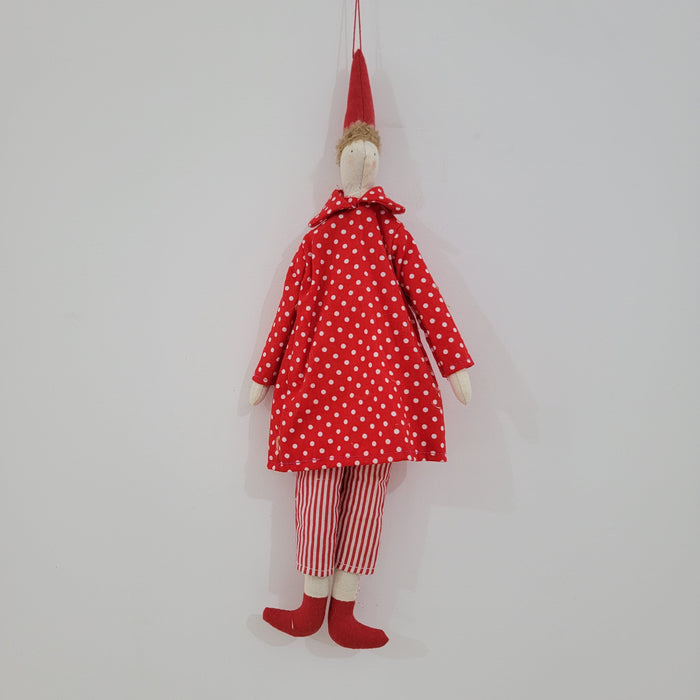 Handmade Whimsical Cloth Doll - Red Polka Dot Dress with Striped Pants, Pointed Hat Hanging Decor for Home & Festive Accents