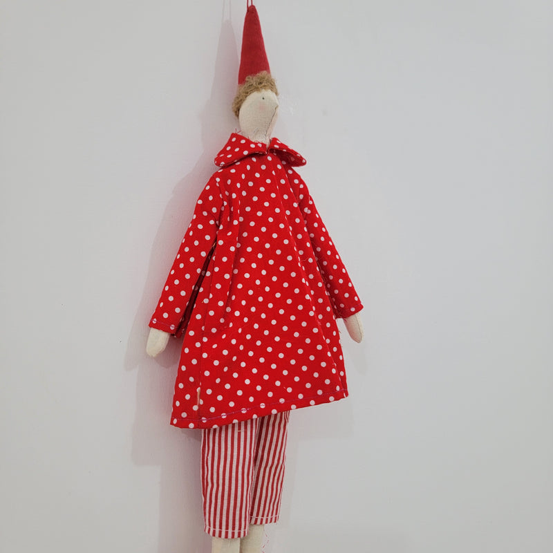 Handmade Whimsical Cloth Doll - Red Polka Dot Dress with Striped Pants, Pointed Hat Hanging Decor for Home & Festive Accents