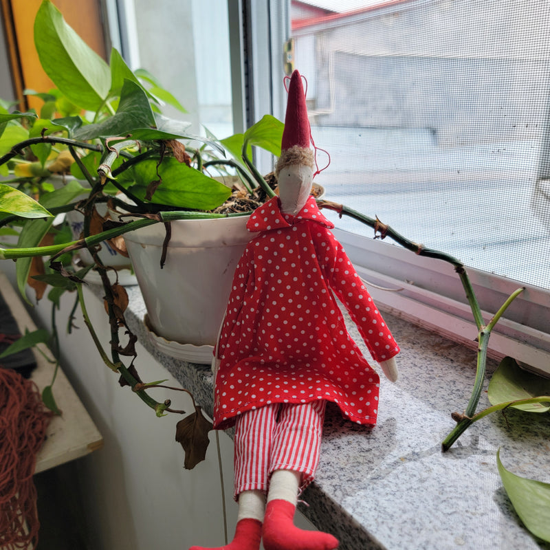 Handmade Whimsical Cloth Doll - Red Polka Dot Dress with Striped Pants, Pointed Hat Hanging Decor for Home & Festive Accents