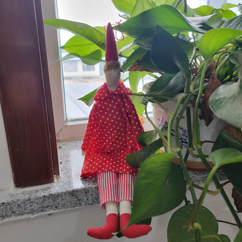 Handmade Whimsical Cloth Doll - Red Polka Dot Dress with Striped Pants, Pointed Hat Hanging Decor for Home & Festive Accents