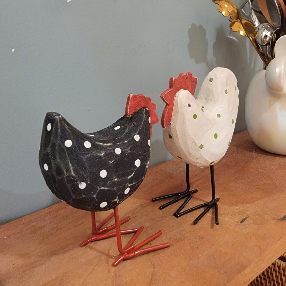 Set of 2 Hand-carved wooden chicken Whimsical Handmade Gift & Tabletop Decor Happy Easter Easter decoration