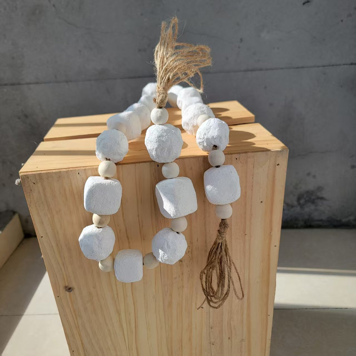 Handcrafted White Paper Mache Bead Garland with Jute Tassels – Minimalist Home Decor