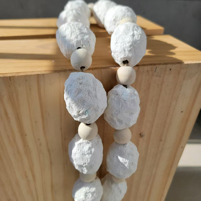 Handcrafted White Paper Mache Bead Garland with Jute Tassels – Minimalist Home Decor