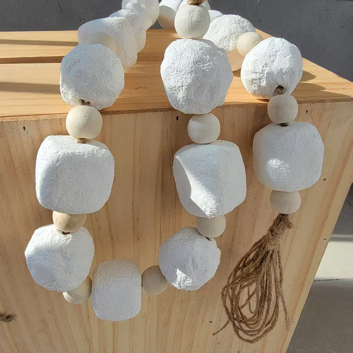 Handcrafted White Paper Mache Bead Garland with Jute Tassels – Minimalist Home Decor