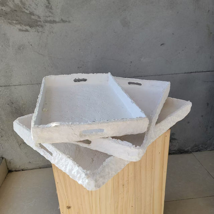 3pcs/set Handcrafted White Paper Mache Serving Tray – Boho Coffee Table & Vanity Decor