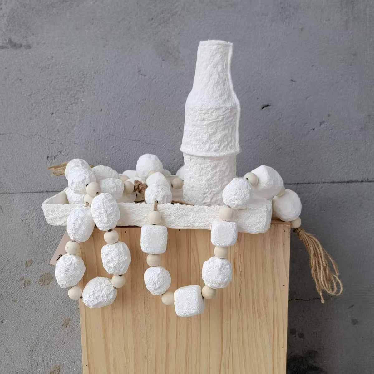 Handcrafted White Paper Mache Bead Garland with Jute Tassels – Minimalist Home Decor