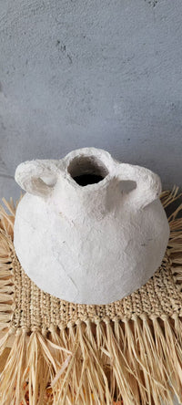 Artisan Geometric Paper Mache Vase with Handles | Cream Textured Boho Vase for Dried Flowers | Rustic Centerpiece Decor