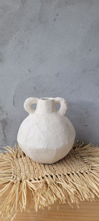 Artisan Geometric Paper Mache Vase with Handles | Cream Textured Boho Vase for Dried Flowers | Rustic Centerpiece Decor