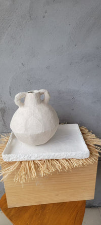 Artisan Geometric Paper Mache Vase with Handles | Cream Textured Boho Vase for Dried Flowers | Rustic Centerpiece Decor