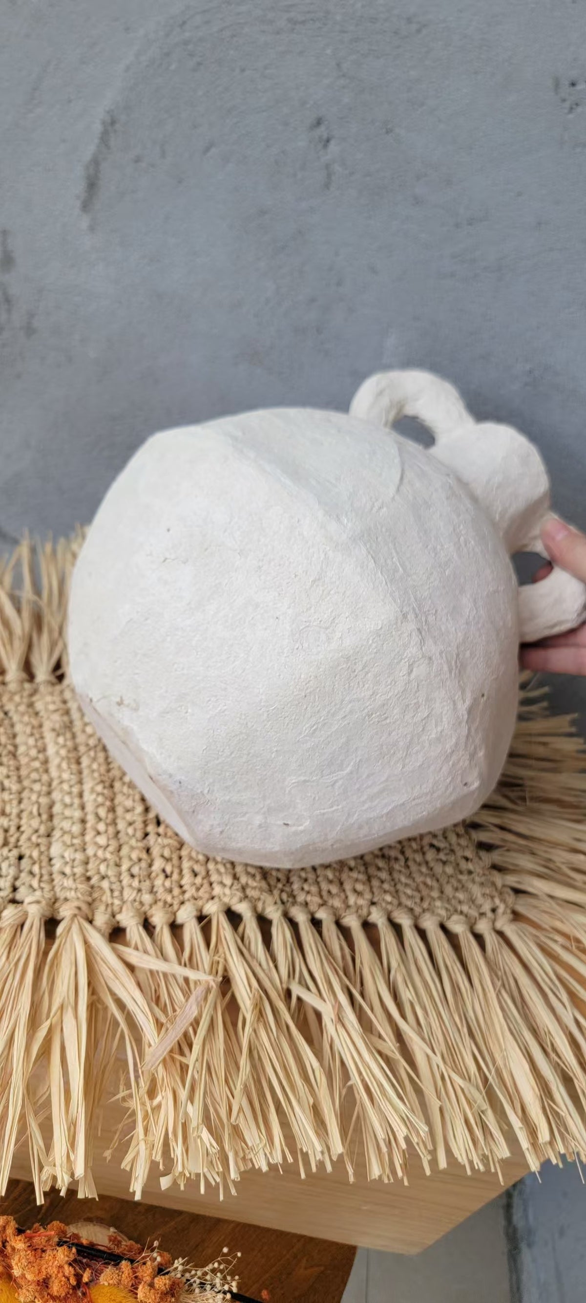 Artisan Geometric Paper Mache Vase with Handles | Cream Textured Boho Vase for Dried Flowers | Rustic Centerpiece Decor