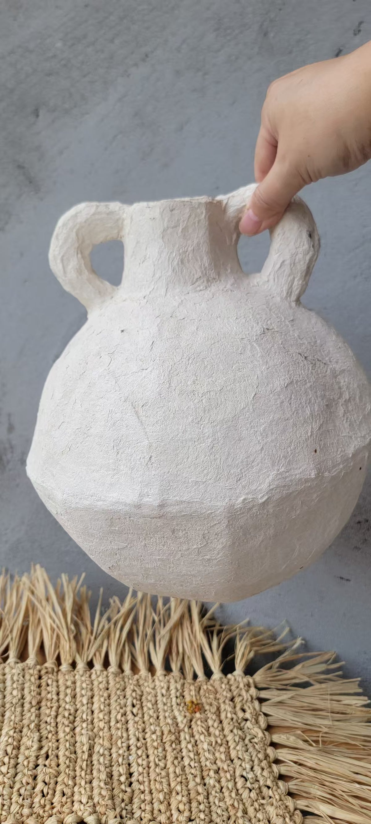 Artisan Geometric Paper Mache Vase with Handles | Cream Textured Boho Vase for Dried Flowers | Rustic Centerpiece Decor