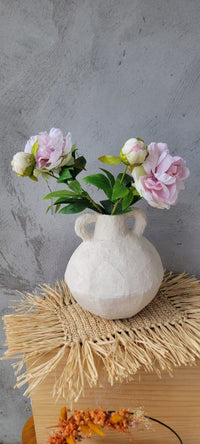 Artisan Geometric Paper Mache Vase with Handles | Cream Textured Boho Vase for Dried Flowers | Rustic Centerpiece Decor